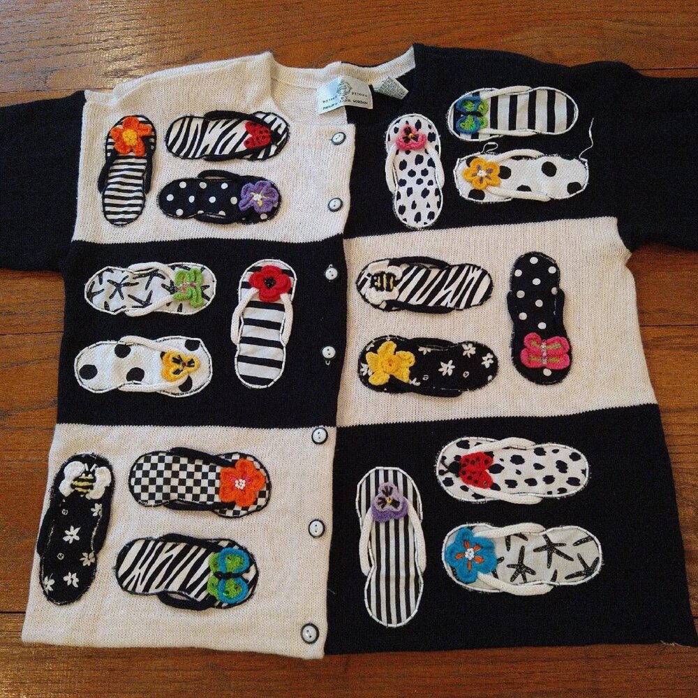 Kitschy Cardigan Sweater Black and White Flip Flop Philip and Jane Gordon